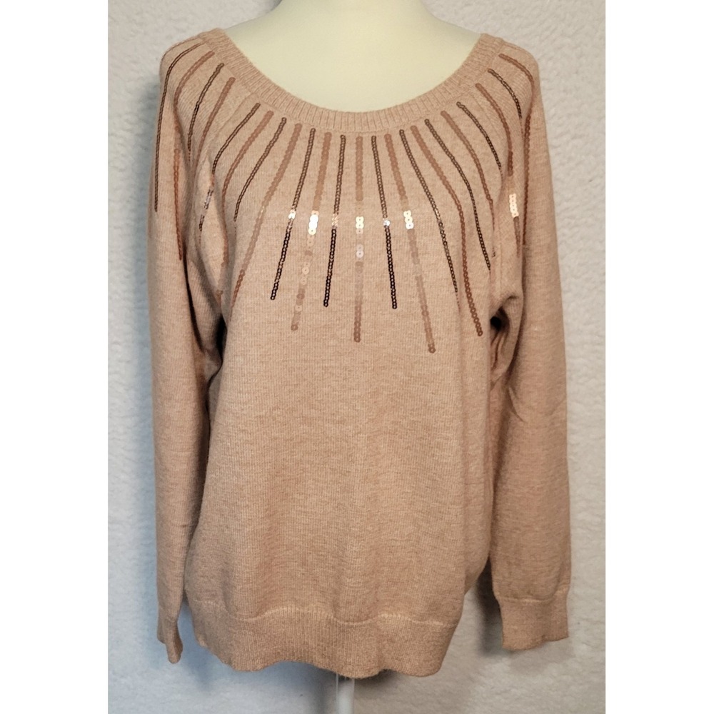 Grace & Lace Womens Sweater Size XL Tan Sequins Long‎ Sleeve Pullover 1514